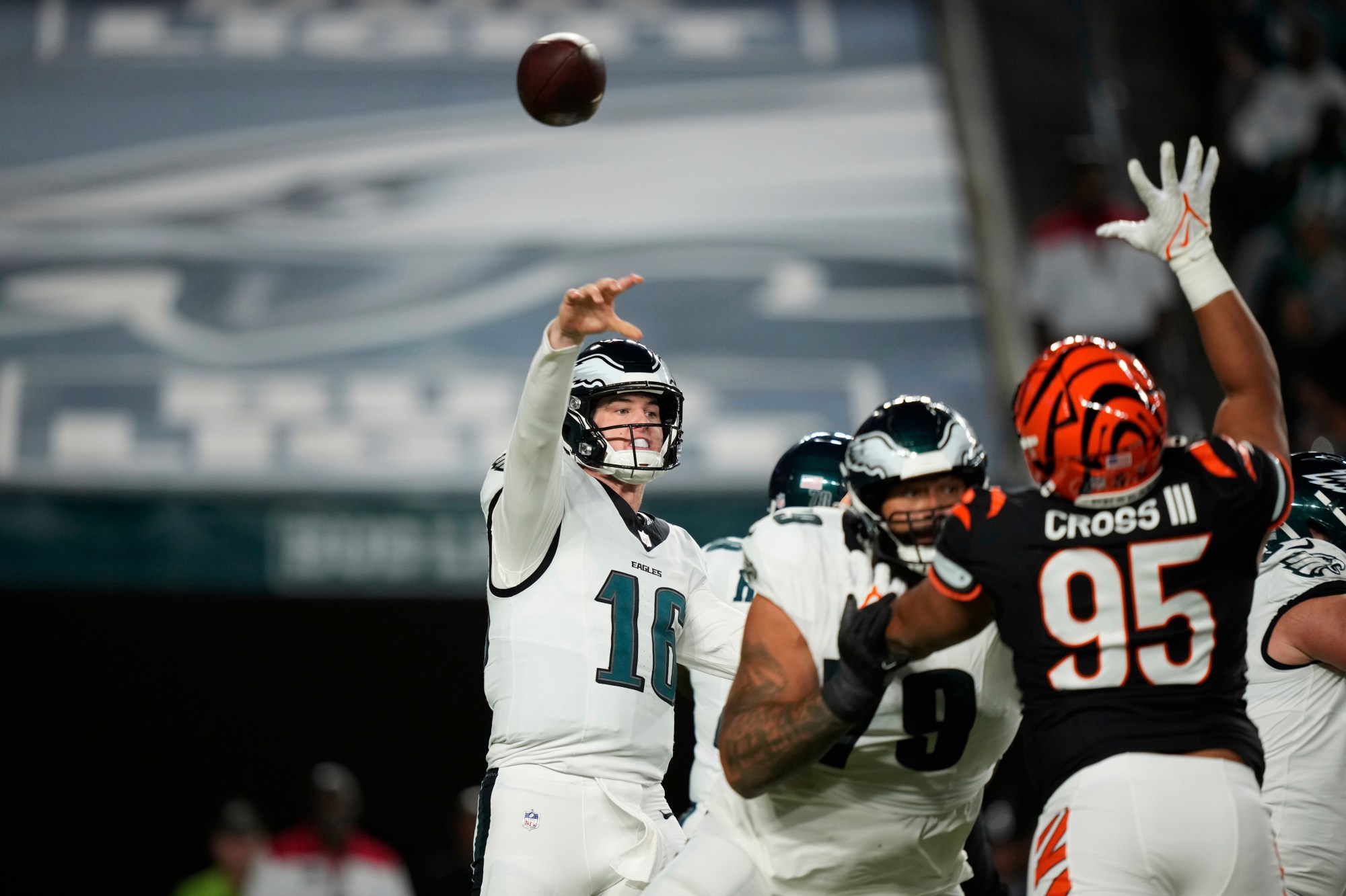 Eagles quarterback Tanner McKee passes during the first half of a preseason game against the Cincinnati Bengals Thursday, Aug. 7, 2025 in Philadelphia. (AP Photo/Matt Slocum)

