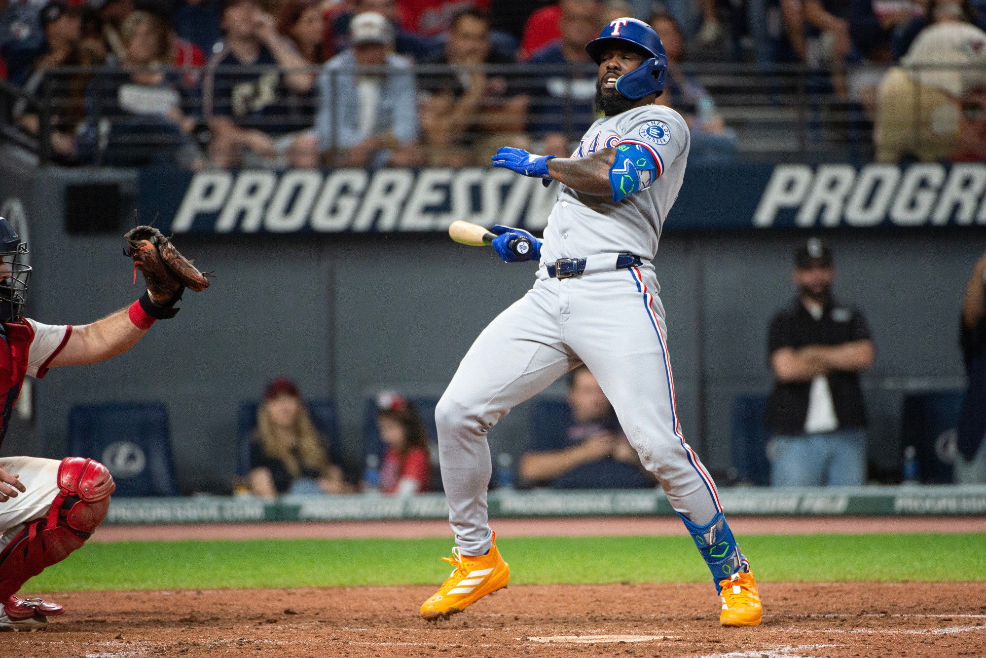 Adolis Garcia avoids an inside pitch in a game for the Texas Rangers against Cleveland on Sept. 27. (AP Photo/Phil Long)
