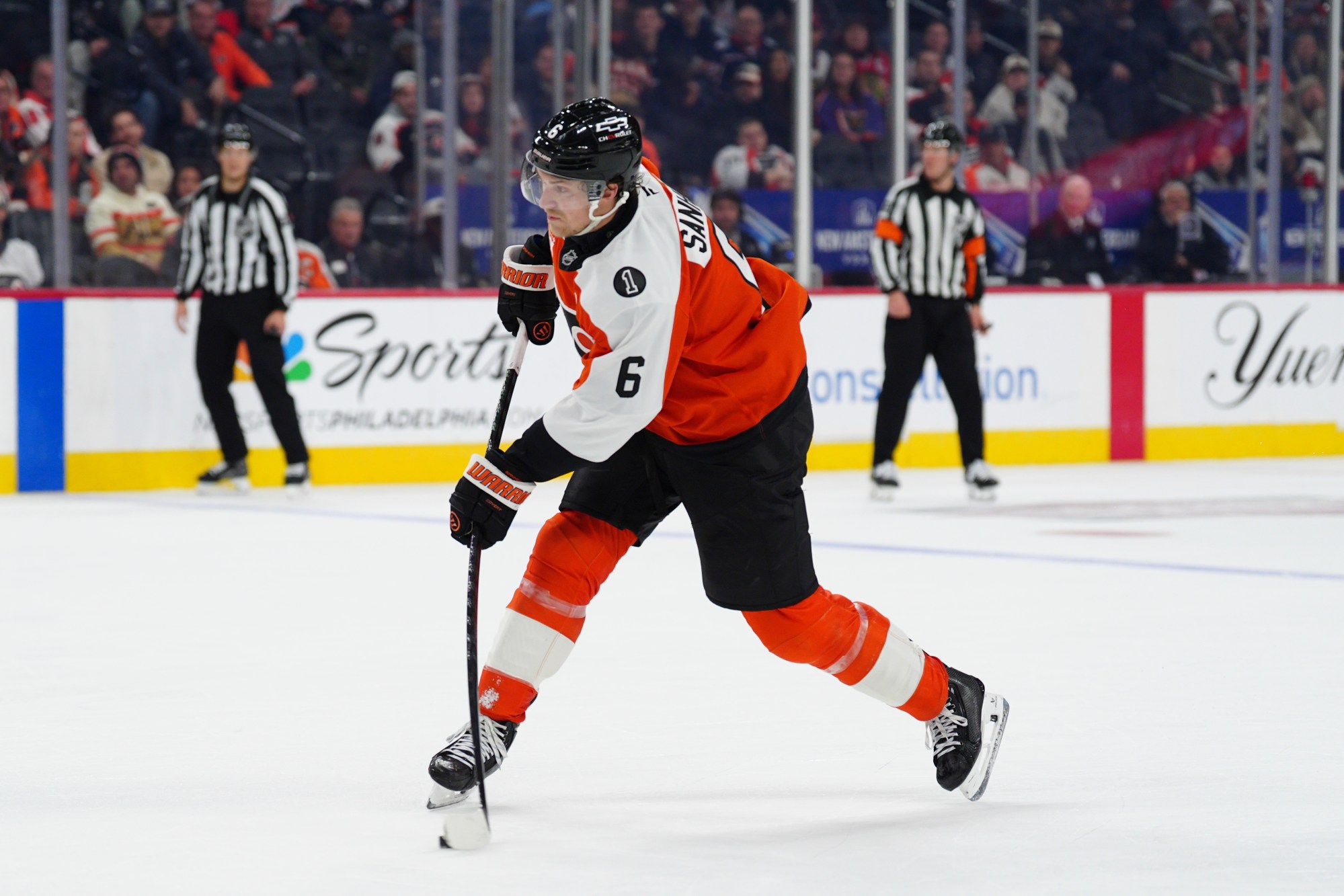 Flyers’ defenseman Travis Sanheim takes a shot during a Dec. 11 game against the Vegas Golden Knights in Philadelphia. (AP Photo/Derik Hamilton)
