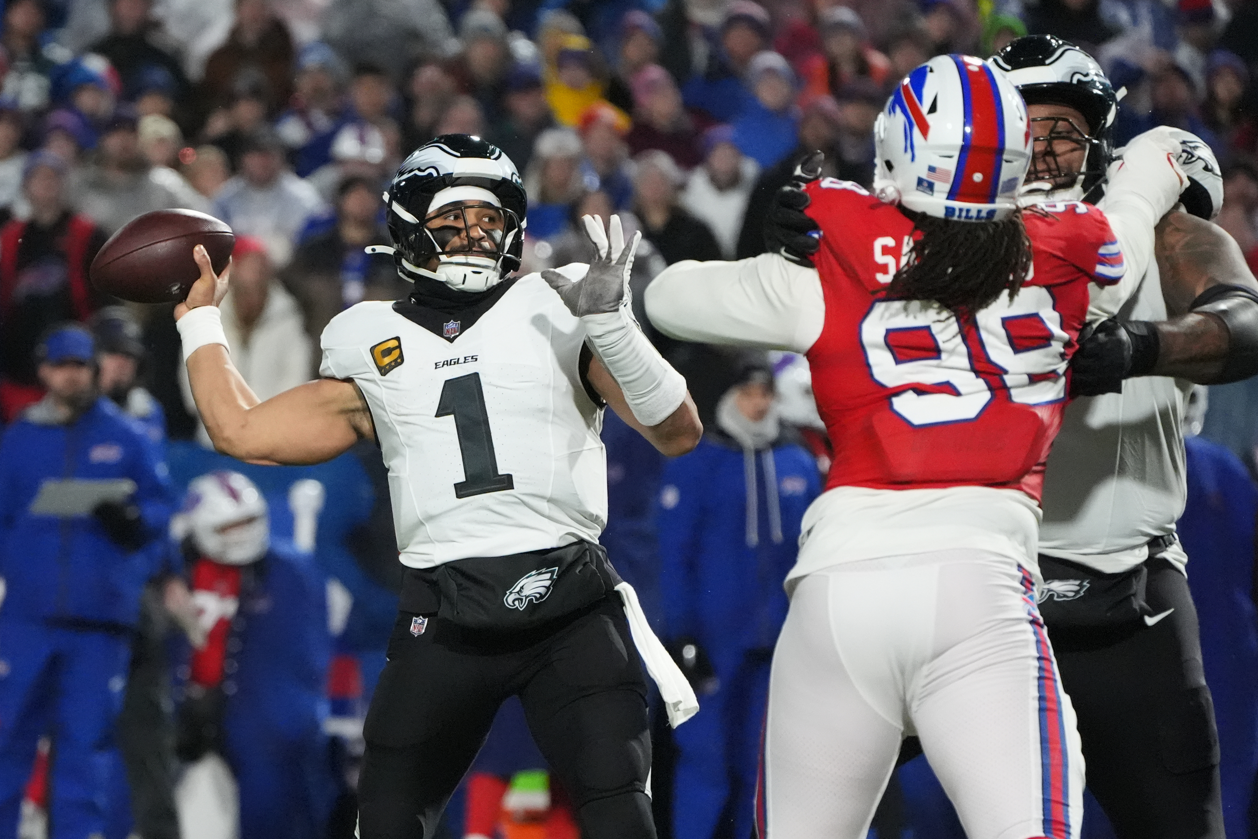 Philadelphia Eagles quarterback Jalen Hurts passes during the first half Sunday, Dec. 28, 2025, against the Buffalo Bills in Buffalo, N.Y. (AP Photo/Gene J. Puskar)
