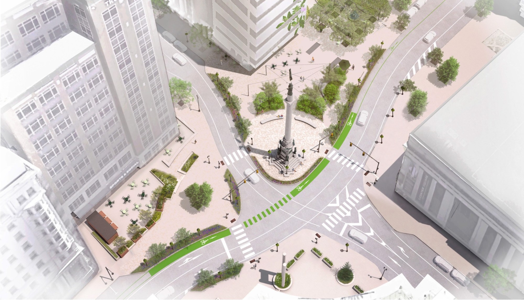 This rendering shows the plans for a redesigned Center Square in Allentown, which will reduce travel lanes for motorists while adding a bike lane through the intersection (Omnes Studio/Courtesy City of Allentown).
