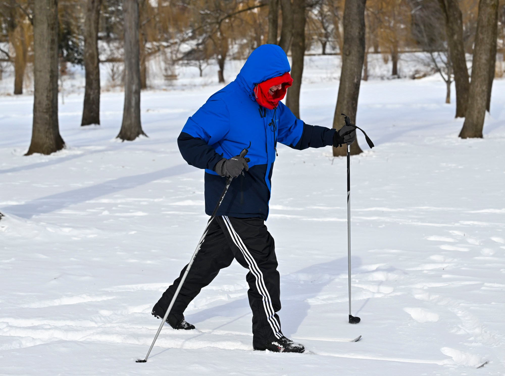 Tom Luczejko of Upper Macungie Township cross-country skis in the freezing cold Tuesday, Jan. 21, 2025, at Cedar Beach in Allentown. (April Gamiz/The Morning Call)
