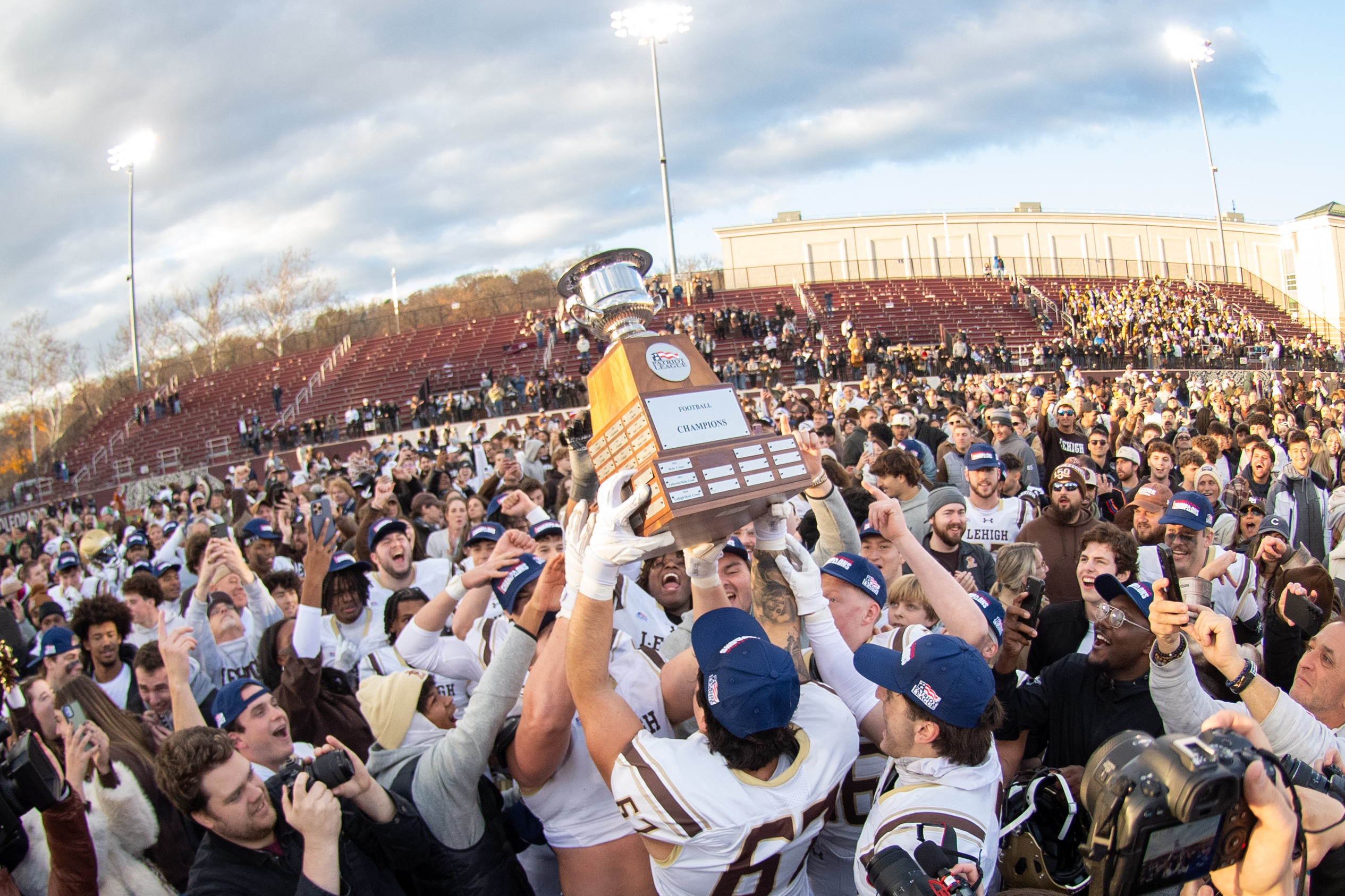 Lehigh players celebrate their win in a Patriot League battle against Lafayette on Saturday, Nov. 22, 2025, at Lafayette’s Fisher Stadium in Easton during the 161th edition of college football’s most-played rivalry. (Jonathan Broady/Special to The Morning Call)
