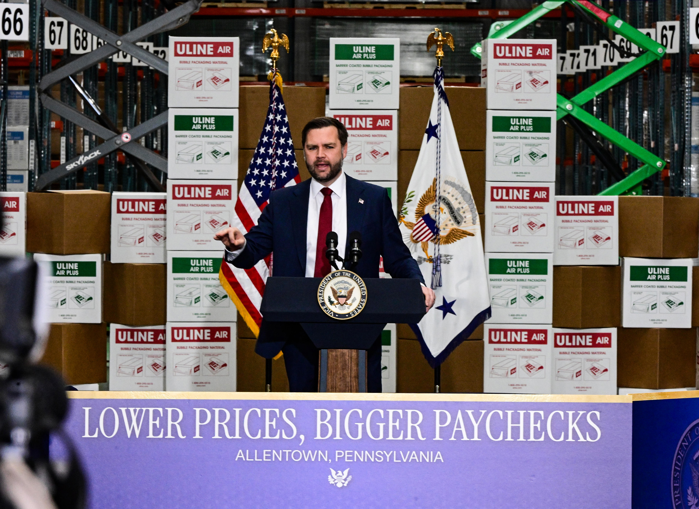 Vice President JD Vance appears Tuesday, Dec. 16, 2025, at a Uline warehouse in Lower Macungie Township, where he delivered a speech on the economy during his first visit to the Lehigh Valley since taking office. (Monica Cabrera/The Morning Call)
