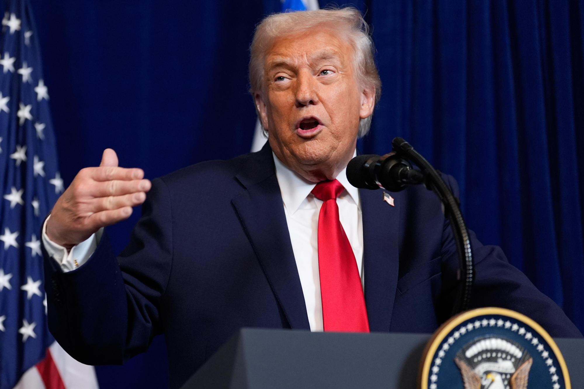 President Donald Trump speaks during a news conference with Israel’s Prime Minister Benjamin Netanyahu at Mar-a-Lago, Monday, Dec. 29, 2025, in Palm Beach, Fla. (AP Photo/Alex Brandon)

