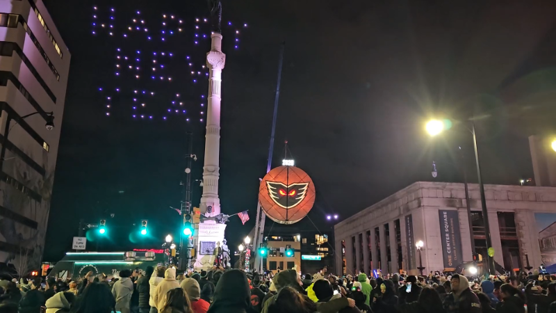 Allentown rings in the new year Wednesday, Jan. 1, 2026, by dropping a giant Lehigh Valley Phantoms-themed hockey puck in Center Square, along with a drone light show. (John Misinco/The Morning Call)
